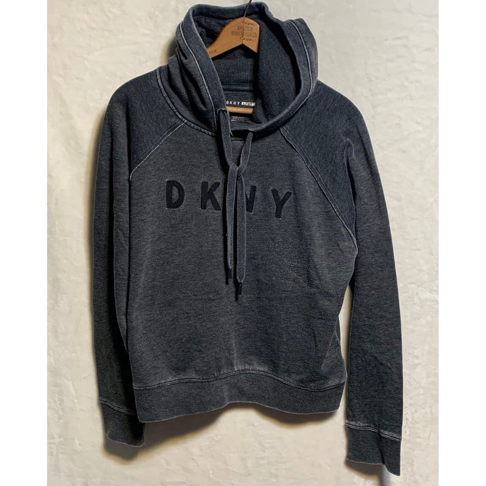 DKNY Sport Womens Charcoal Grey Logo Spellout Funnel Neck Hoodie Sweatshirt‎ M